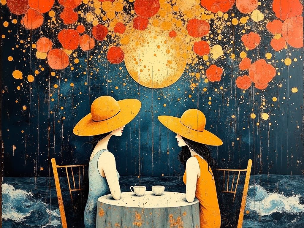 Cubist Women Watching Fireworks Over Cherry Blossoms