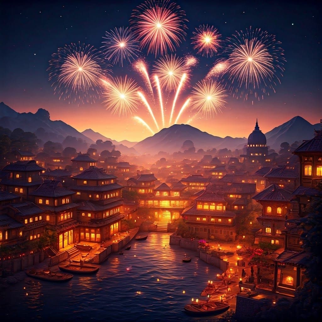 Indian Village Night Panorama with Fireworks