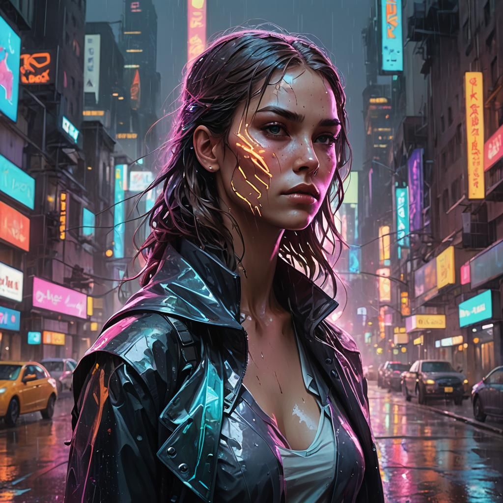 Neon Masked Figure in Cyberpunk Cityscape