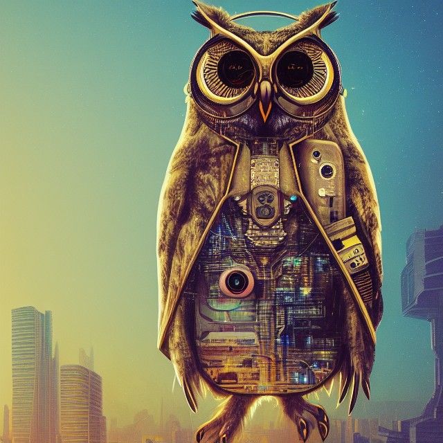 Cyberpunk Owl with Steampunk Elements in Spacecore Art