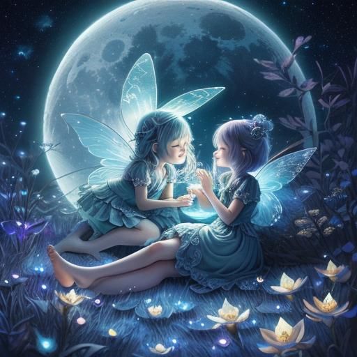 Fairies Sleeping on a Bioluminescent Moon in Galaxy