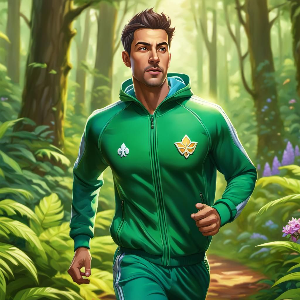 Man's Serene Forest Jog: Detailed Digital Painting