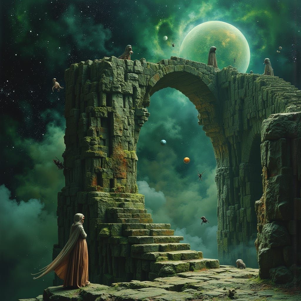 Majestic Ancient Bridge Connects Celestial Realms in Dark, W...