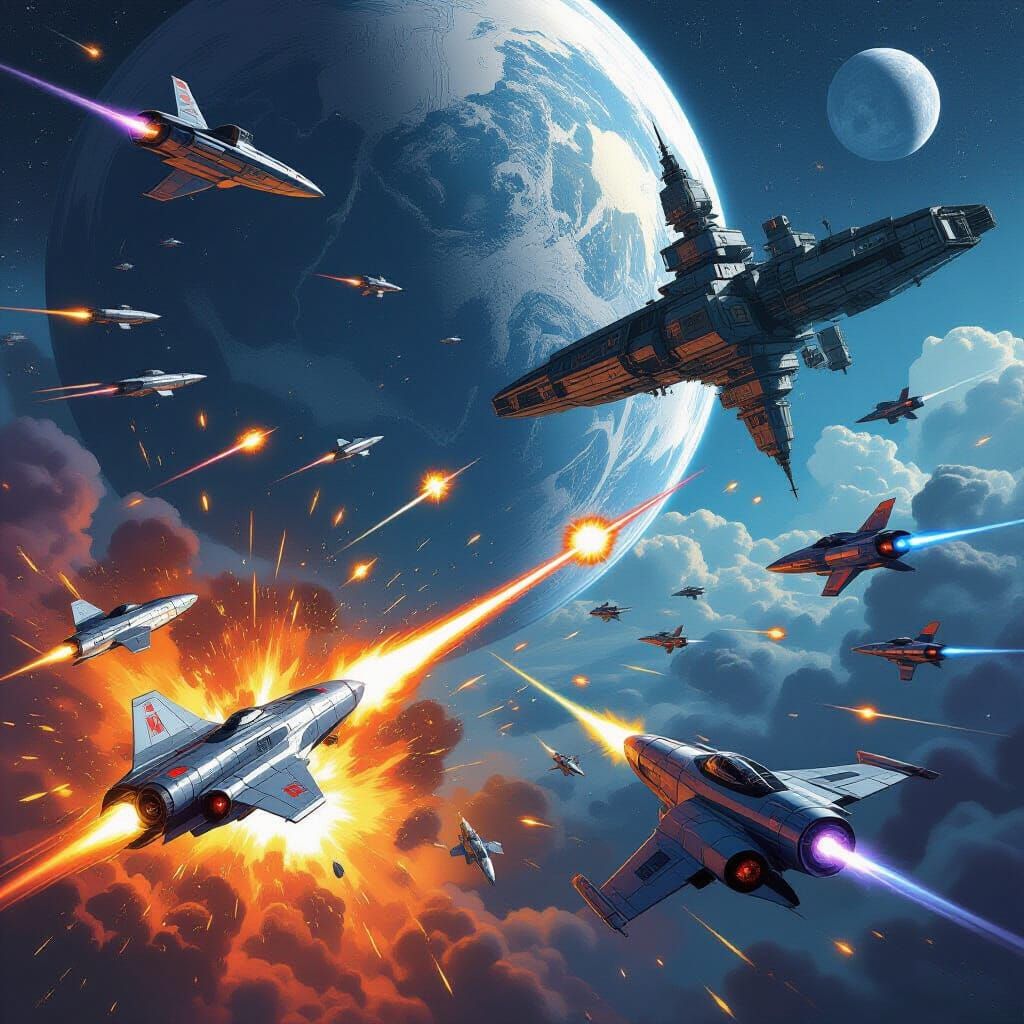 Vibrant Space Battle With Heroic Action and Bold Lines