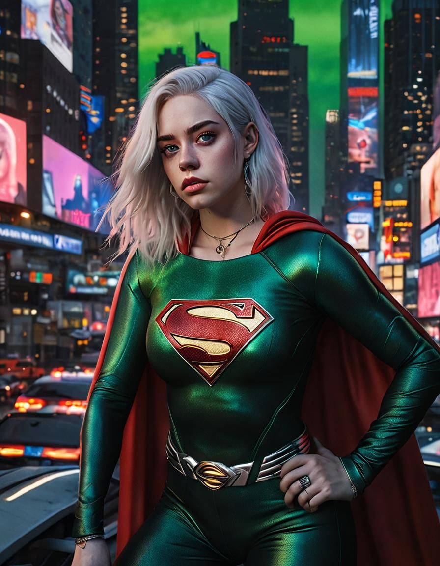 Billie Eilish as Cyberpunk Supergirl in Futuristic Metropoli...