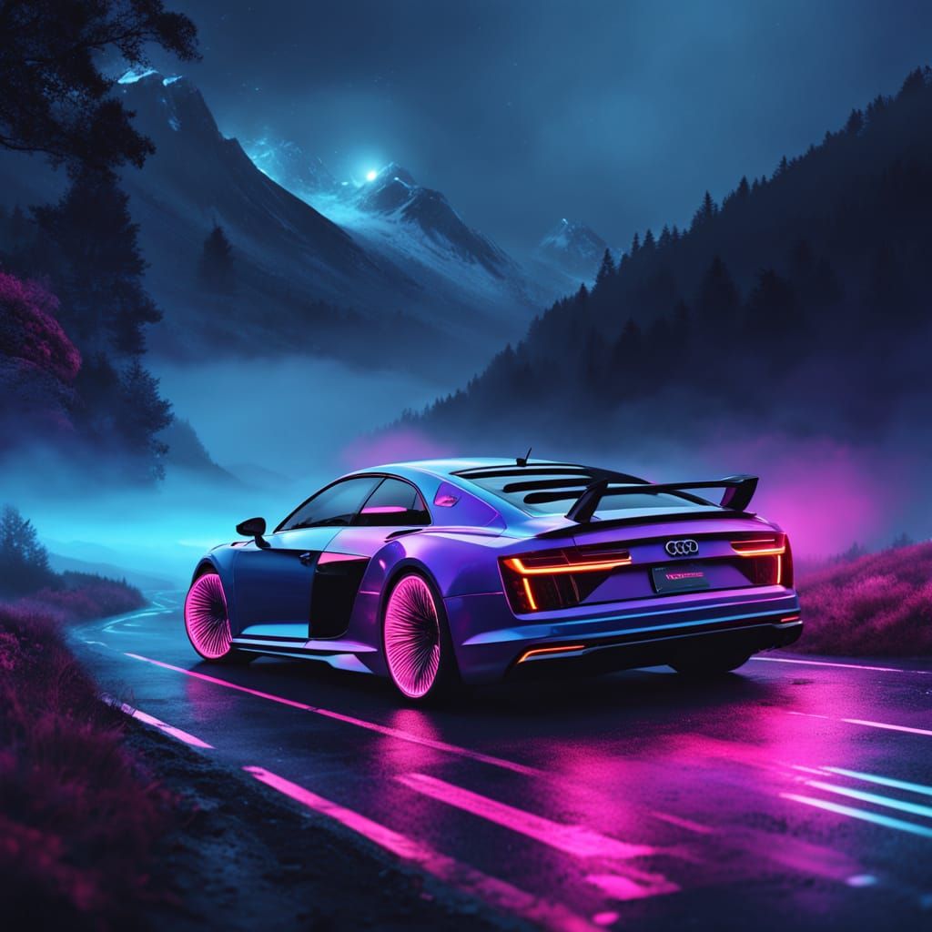 Sleek Audi 3000 Illuminates Misty Mountain Road in Neon Digi...