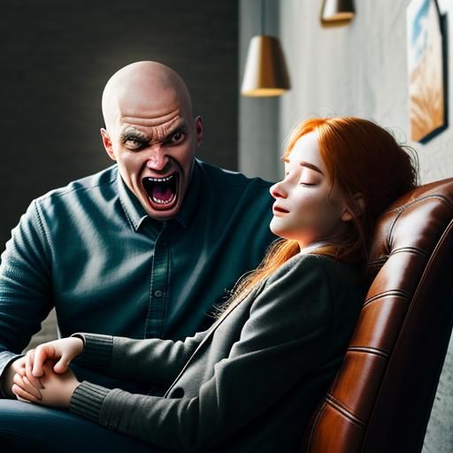 Hyperactive Man Talks to Sleeping Woman: Photorealistic Imag...