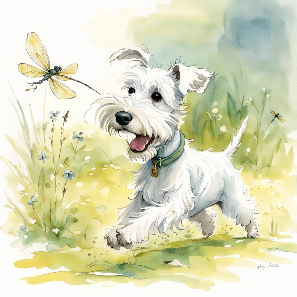 Happy Schnauzer Chasing Dragonfly, Storybook Illustration