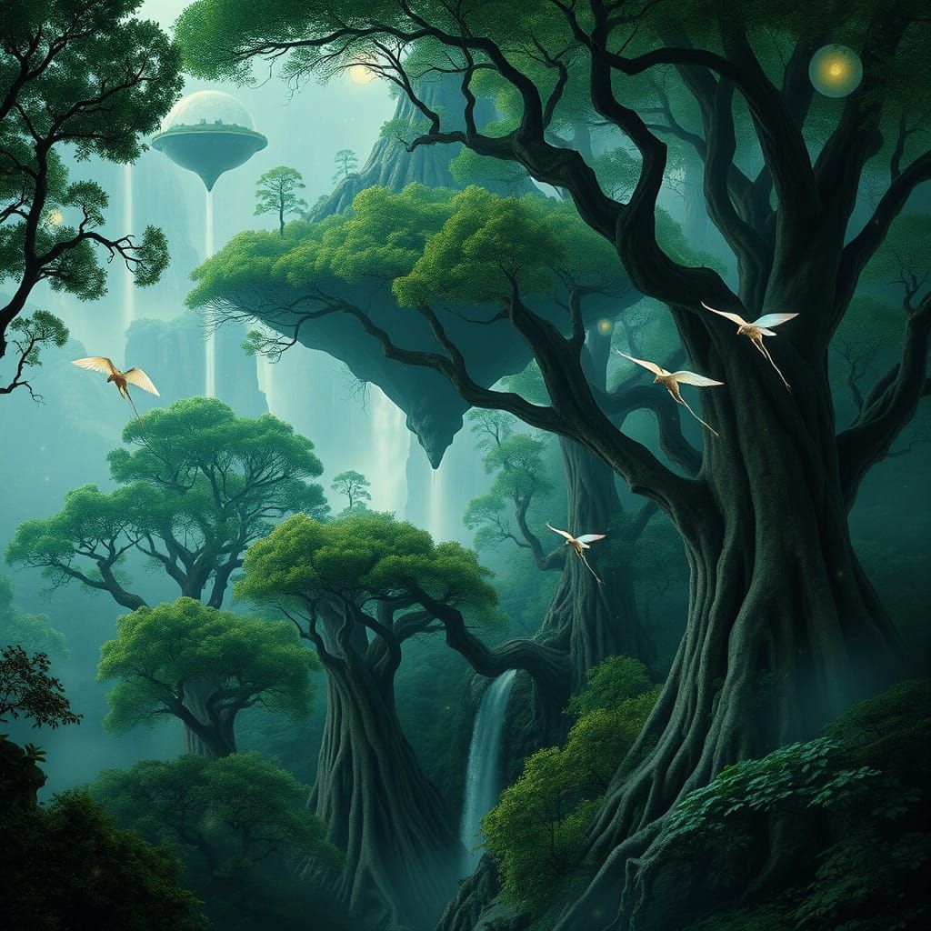 Mystical Primeval Forest with Gnarled Trees and Ethereal Isl...