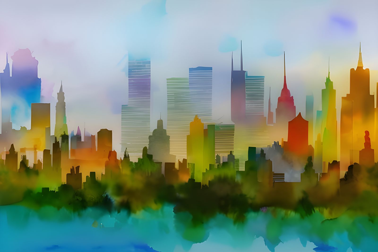 Watercolor Cityscape with Holographic Gradients