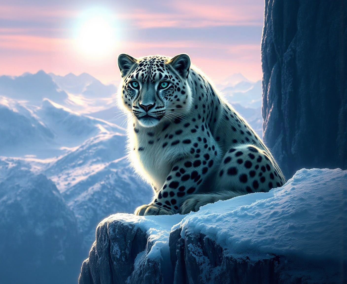 Snow Leopard in Wintry Domain, Hyperrealistic Fantasy Art