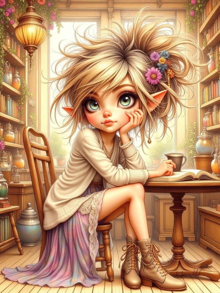 Chibi Bad Girl Sips Tea in Cozy Café