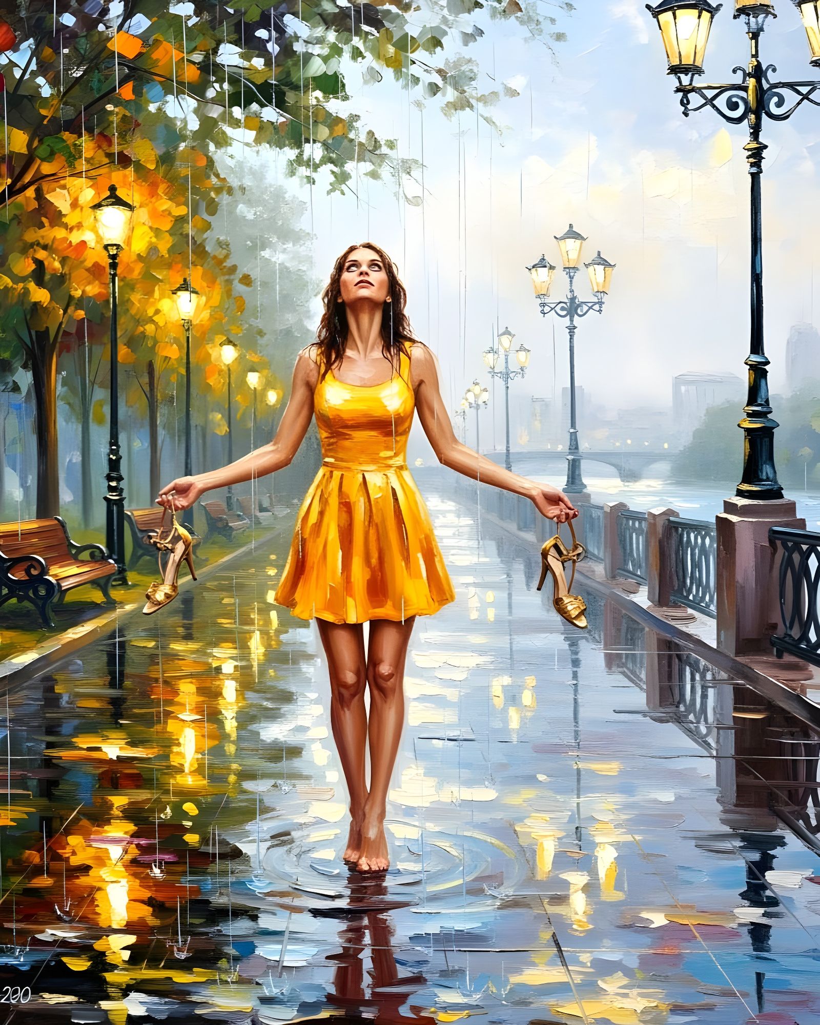 Woman Enjoys Summer Rain in Neo-Impressionism Style