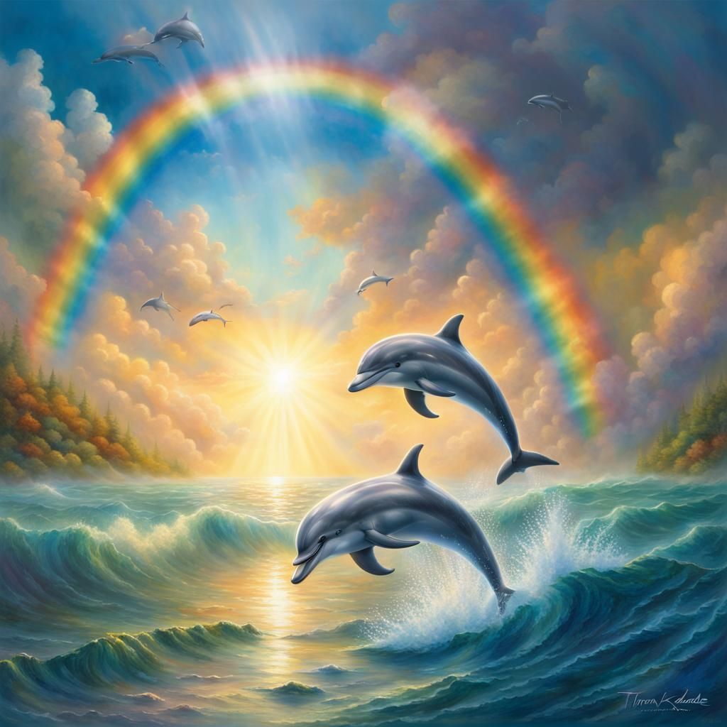 Dolphins Soaring Through Rainbow Sky