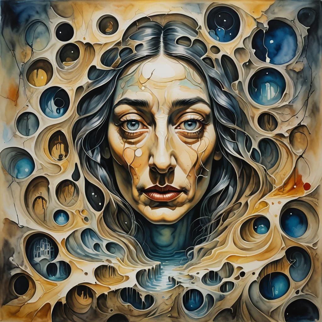 Surreal Woman in Dark Labyrinth Watercolor