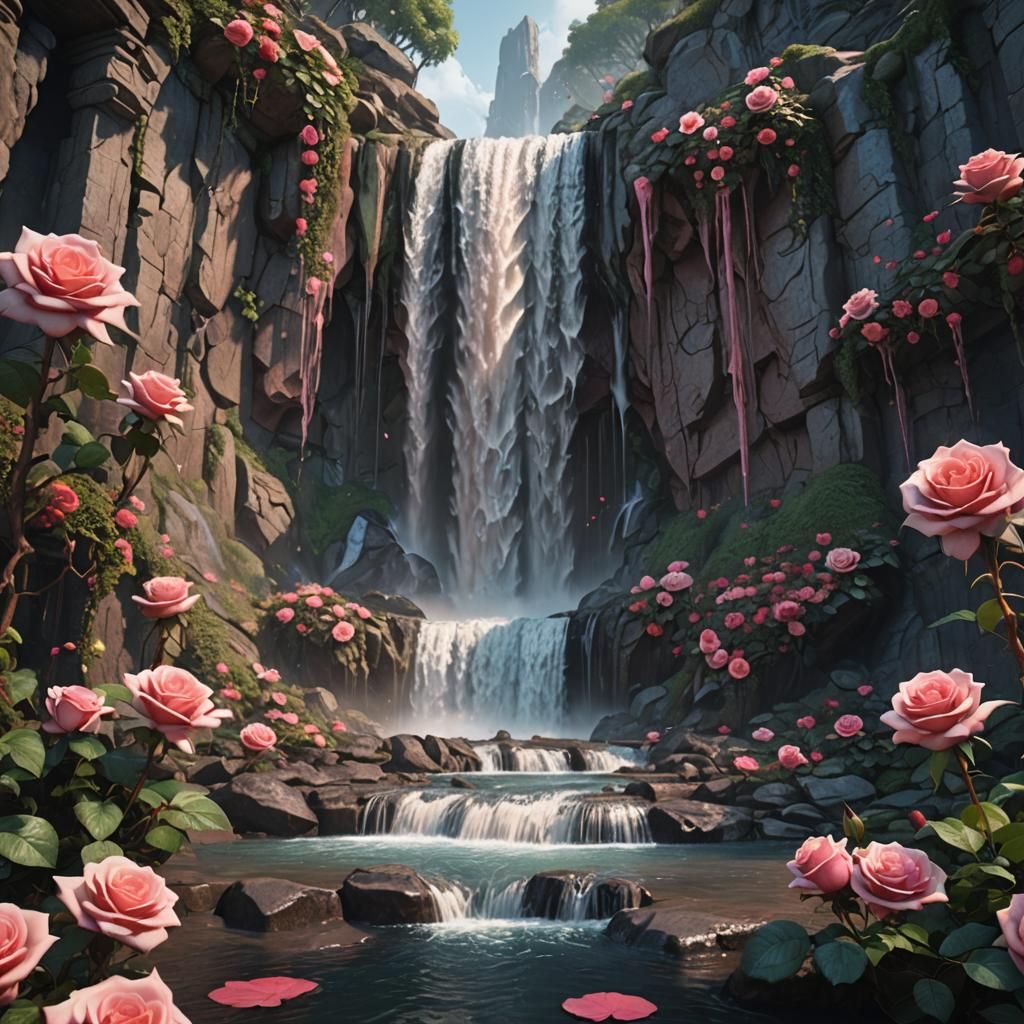 Rose Waterfall in Detailed Matte Painting Style