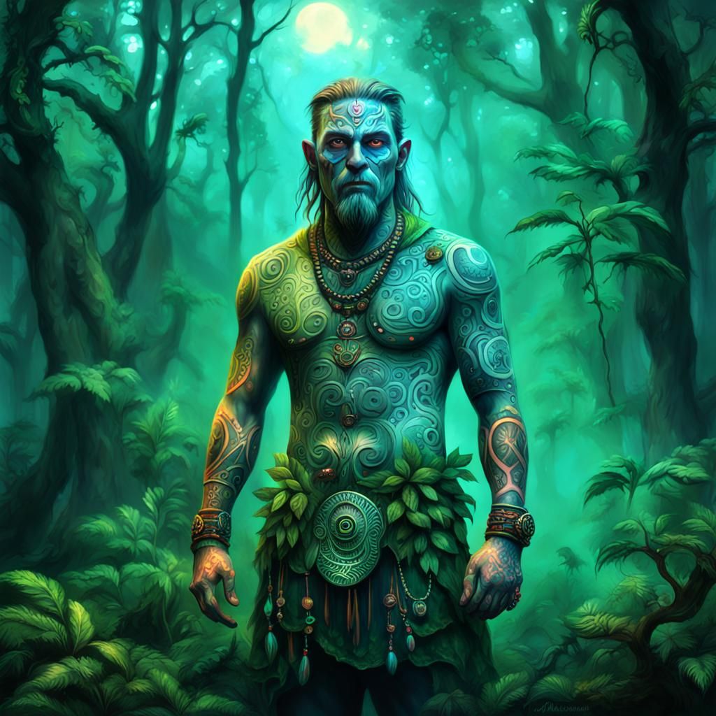 Luminescent Druid in Jungle Mist: 3D Render