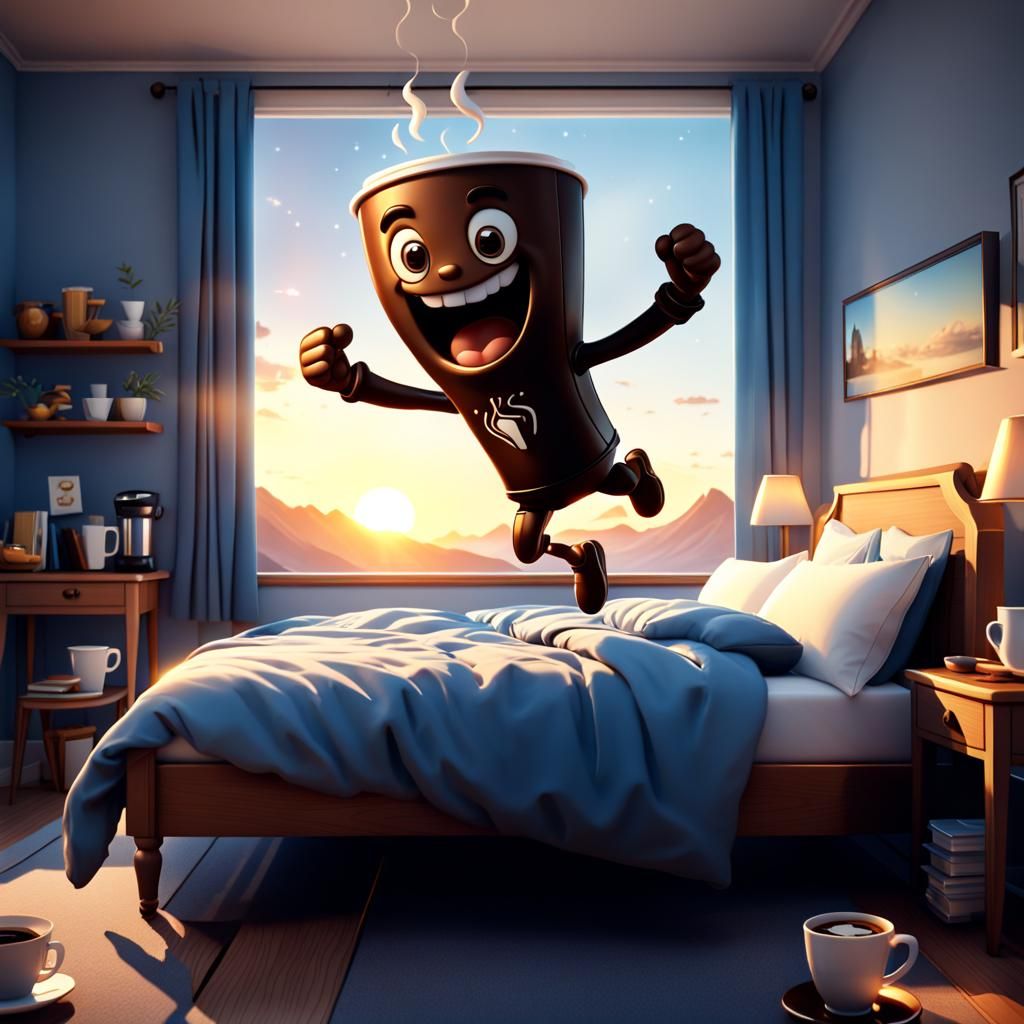 Cartoon Coffee Character Jumping out of Bed
