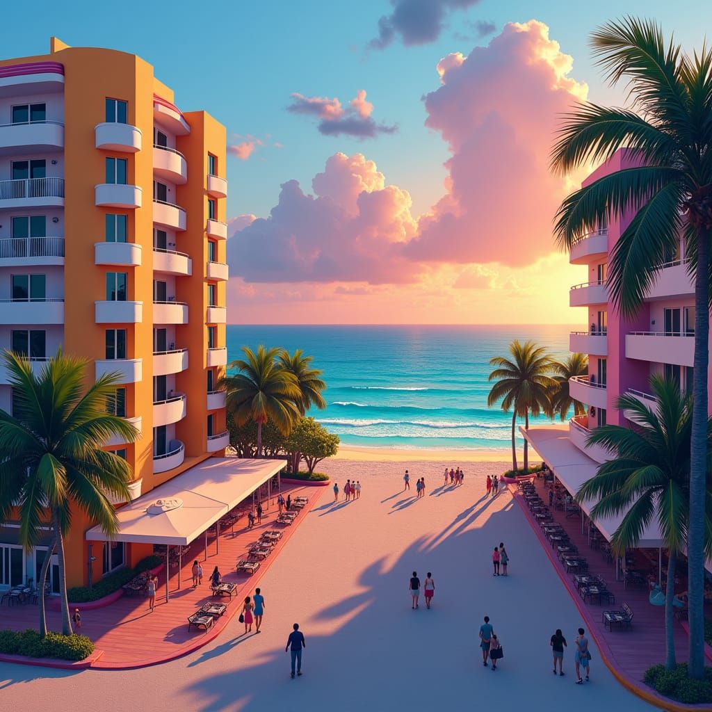 Miami Beach Cityscape at Dusk in Photorealistic Style