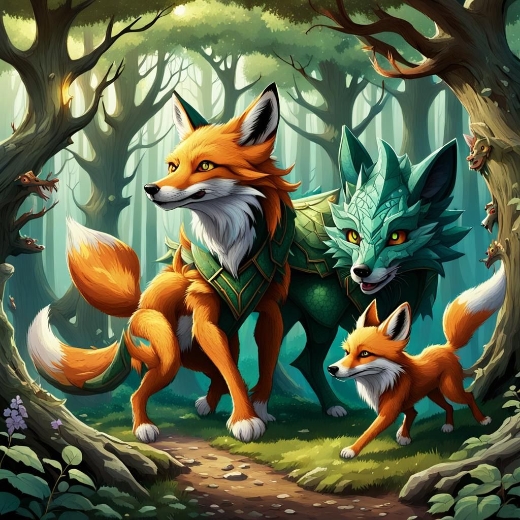 A fusion of a fox, a dragon, and a dog romping in a wood elf grove