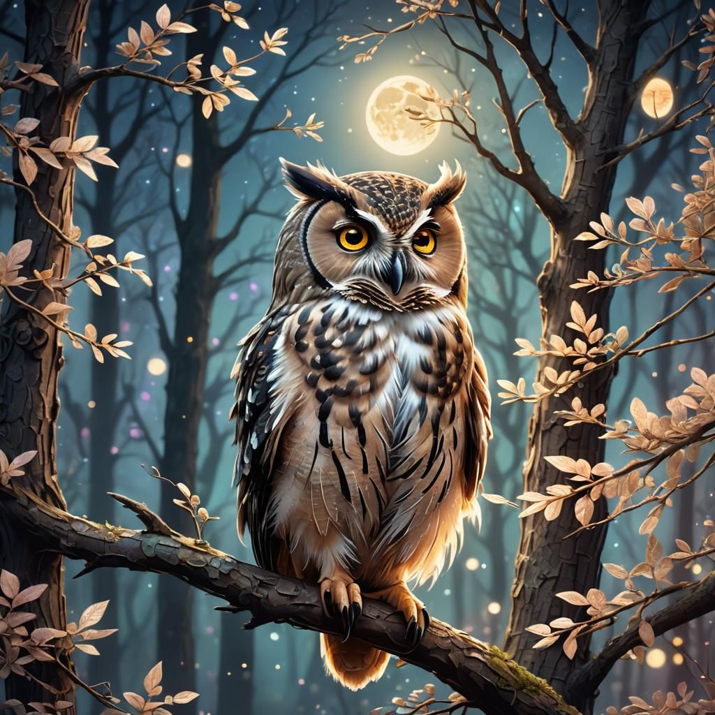 Cute Owl in Moonlit Forest: Whimsical Digital Art
