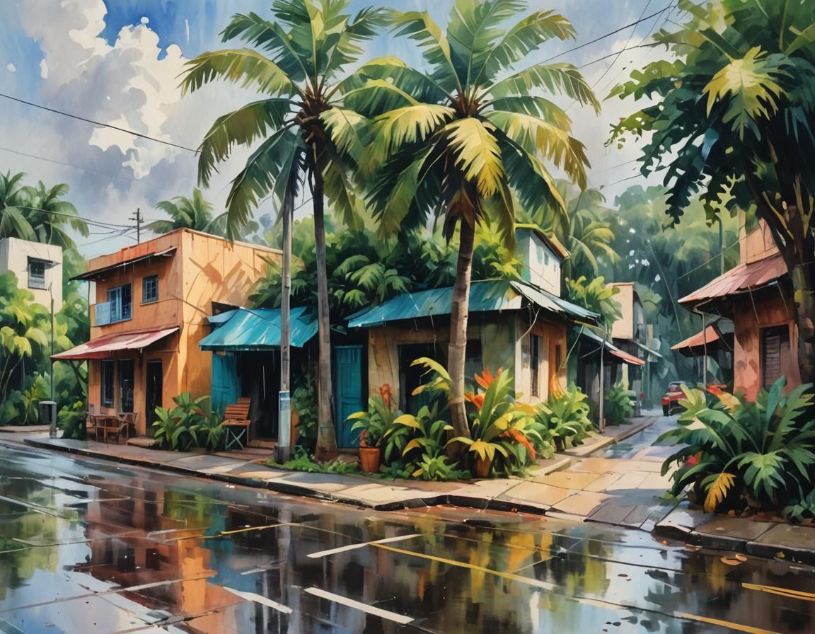 Tropical Street Corner in Gouache Style