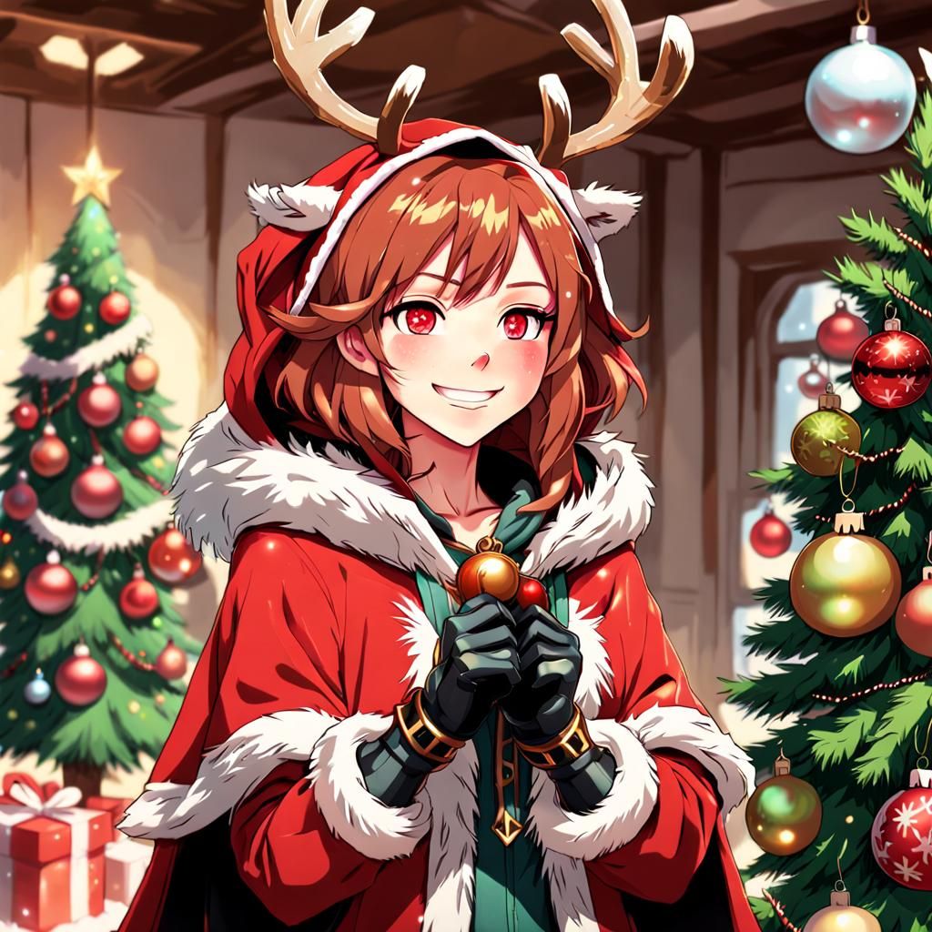 Girl in Reindeer Costume near Christmas Tree