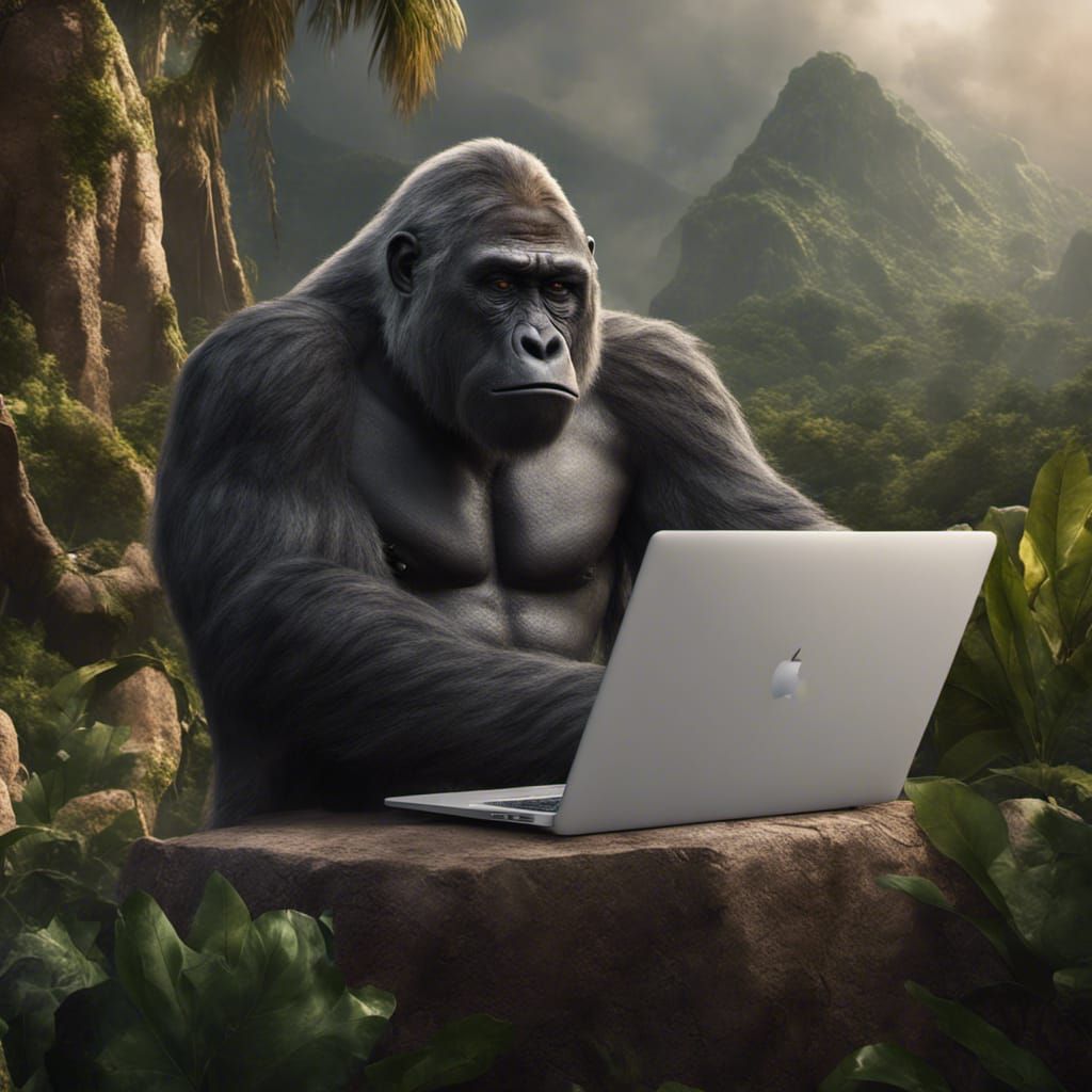 Sad Gorilla at Apple Macbook Pro in Fantasy Style