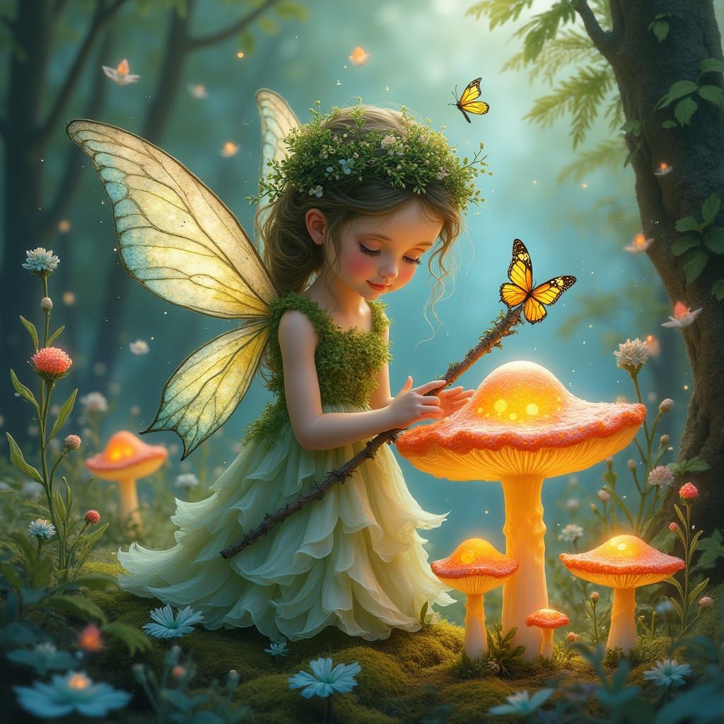 Moss Fairy Tending Glowing Mushrooms in Enchanted Forest