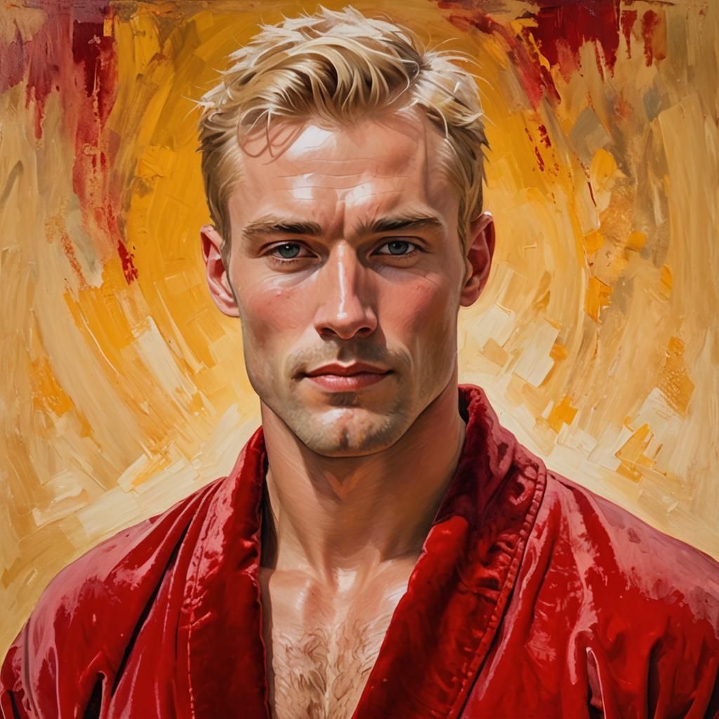 Nordic Man in Red Velvet Bathrobe, Impasto Oil Painting