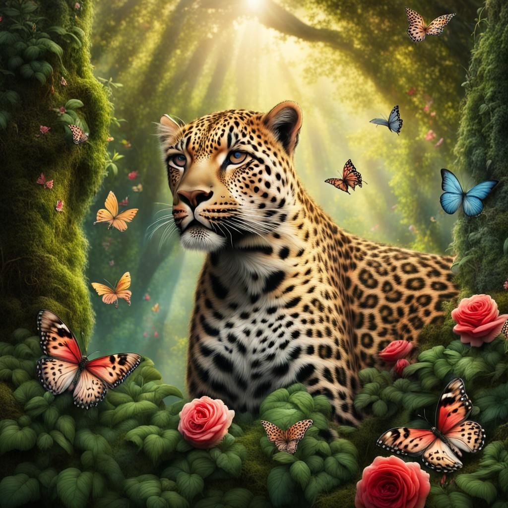 Leopard in Jungle with Butterflies and Sunshine