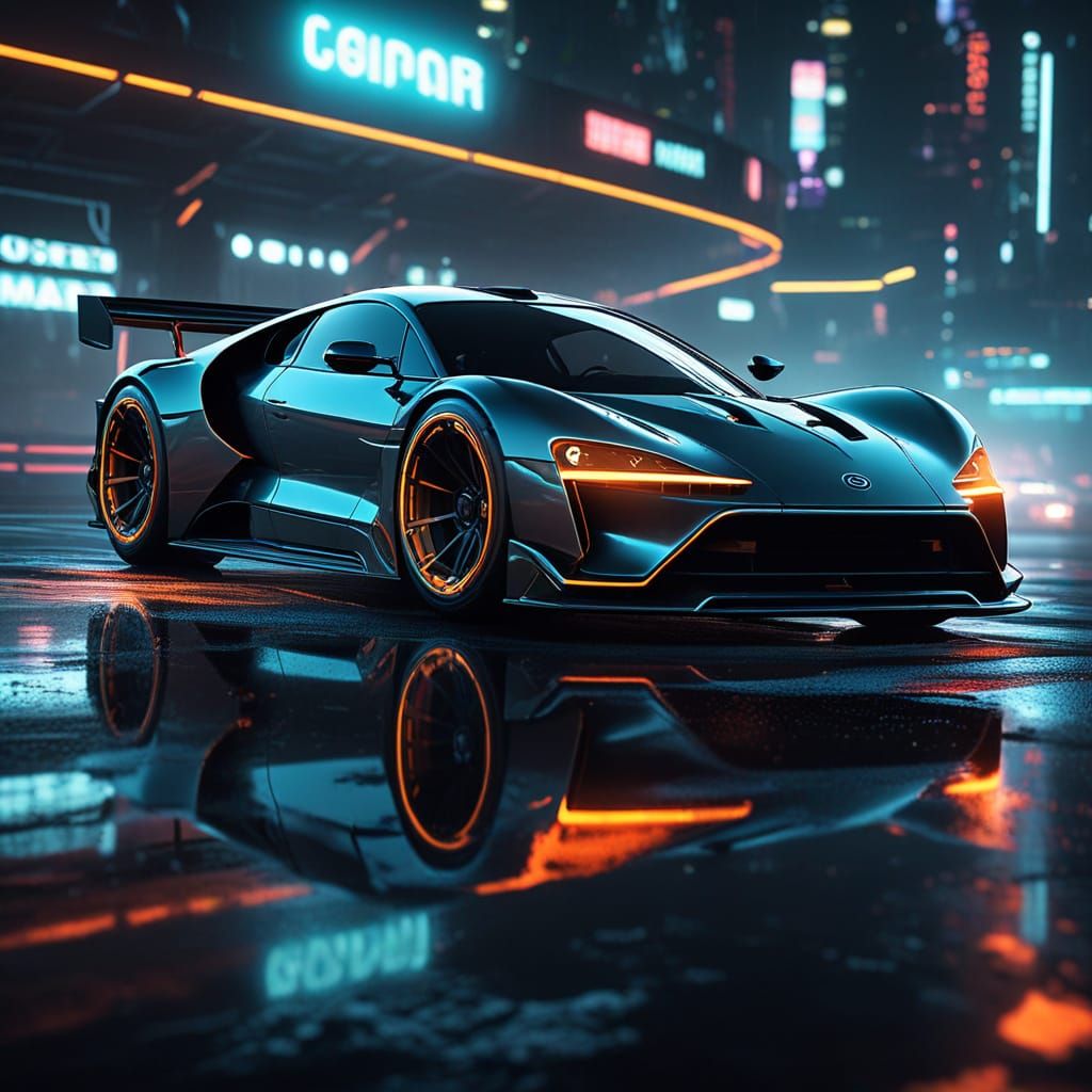 Cyberpunk Racing Car on Neon Lit Track