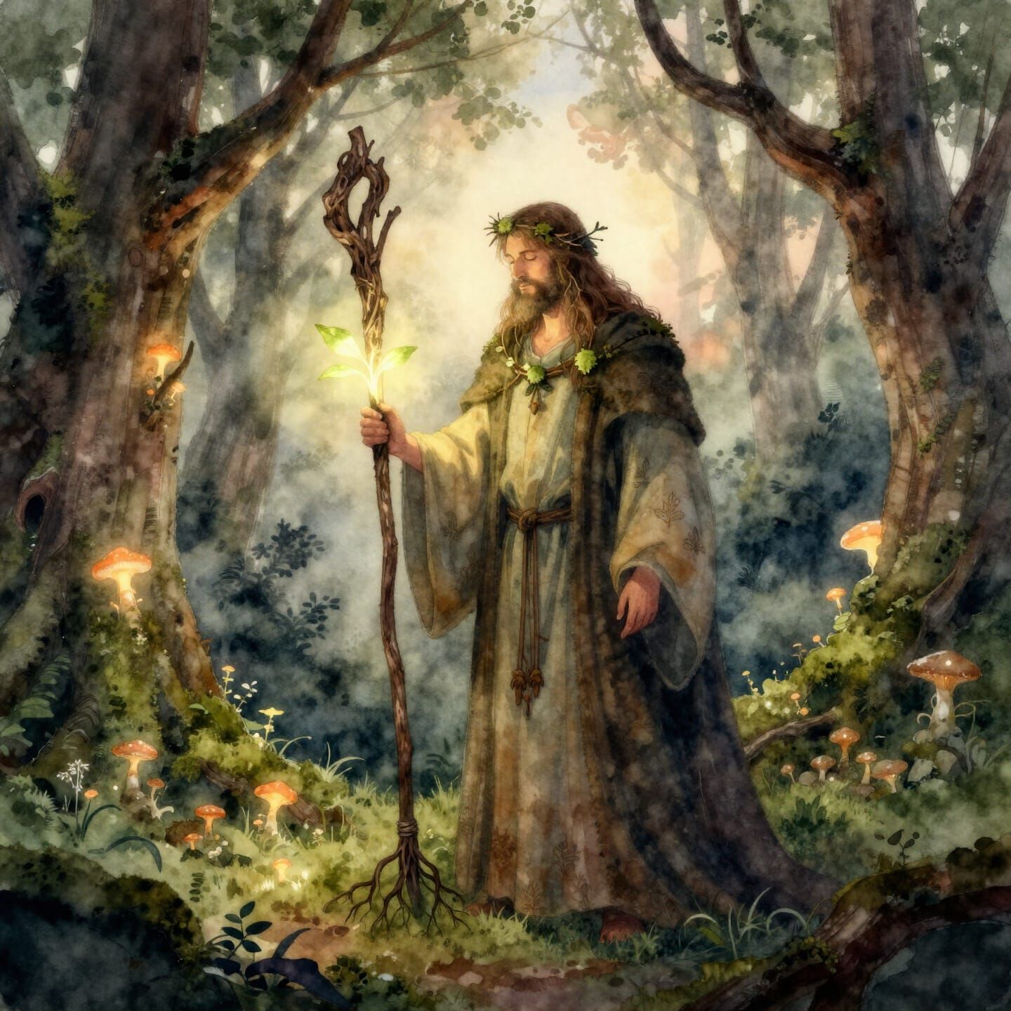 Fantasy Sorcerer in Ancient Grove Watercolor