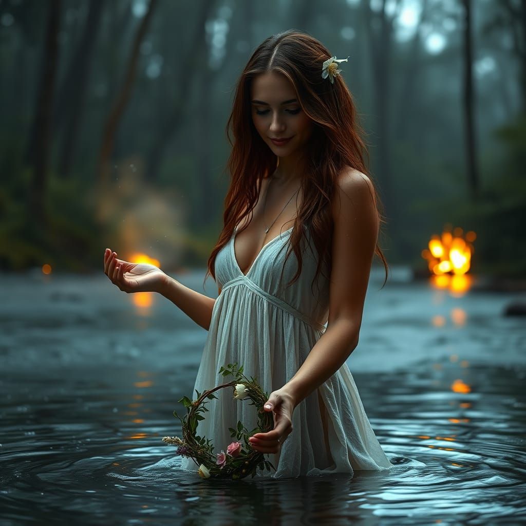 Ethereal Slavic Woman in Misty Forest River