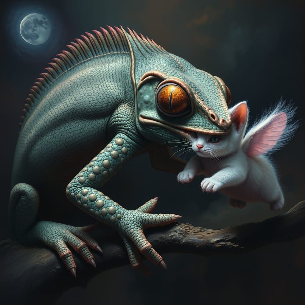 Mutant Chameleon and Flying Kitten in Surrealist Style