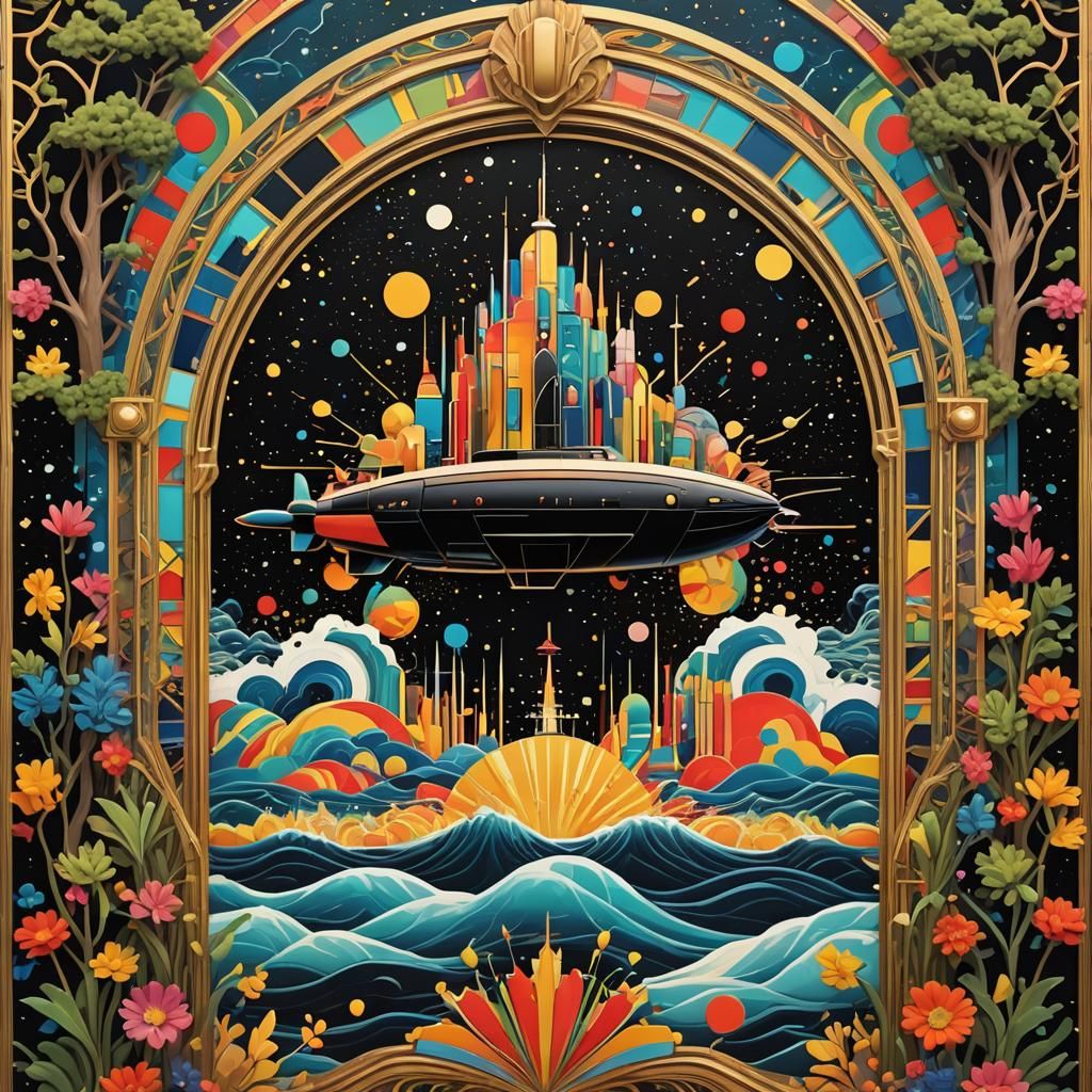 Submarine Leaps from Retro Landscape in Postmodern Art