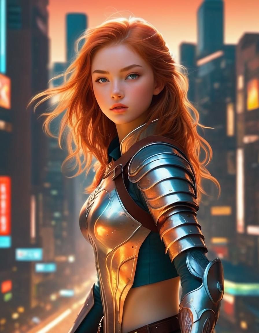 Epic Anime Heroine in Dynamic Cityscape