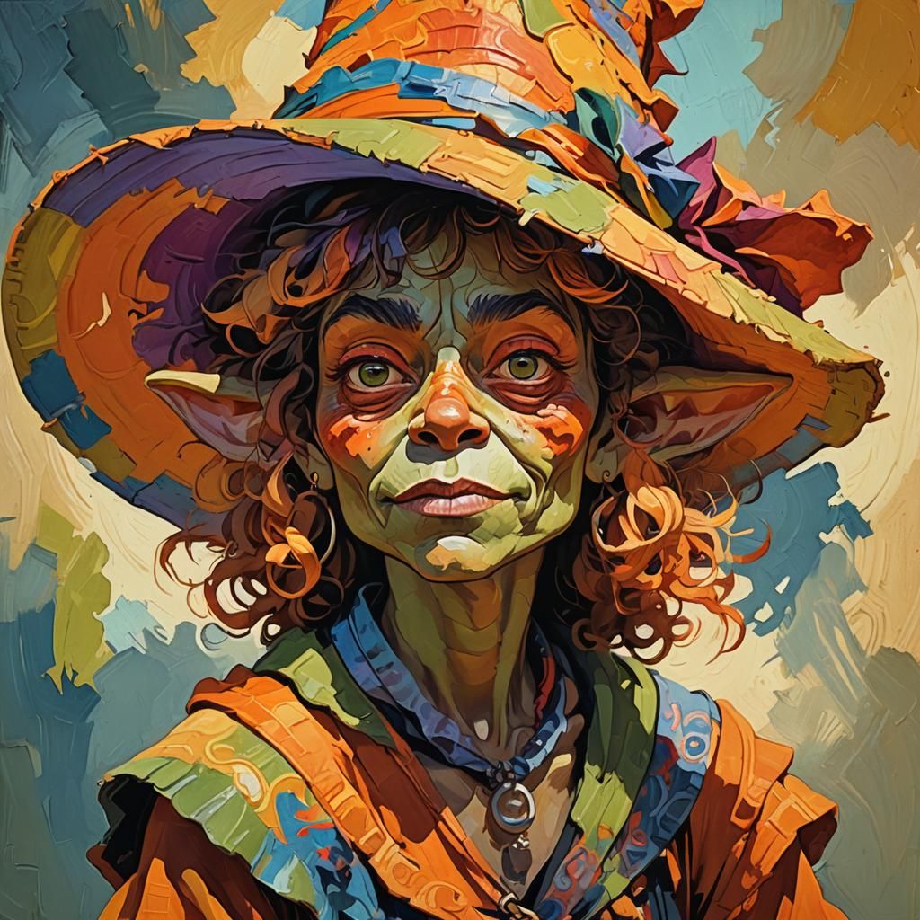 A thick female goblin with a comicly large hat