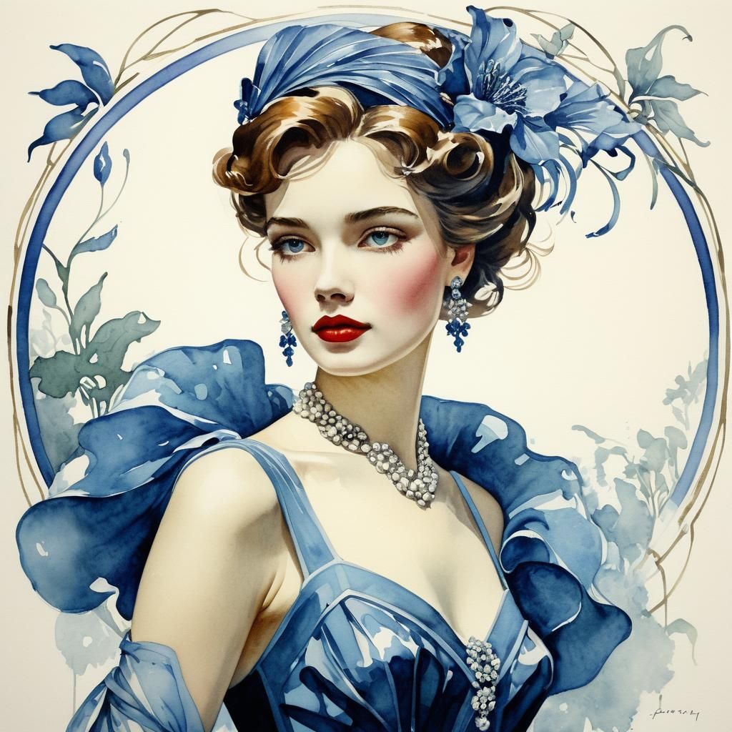 Elegant Woman in Art Nouveau Watercolour Style
