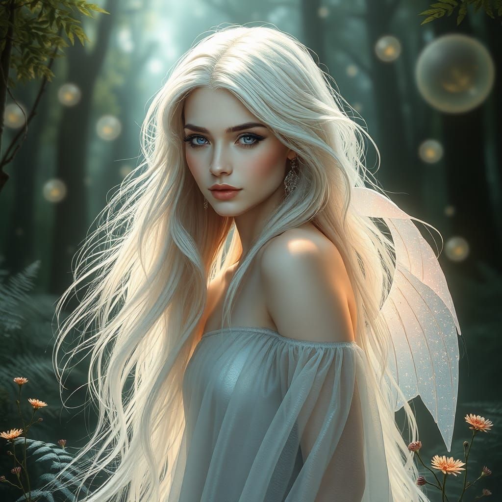 Ethereal Woman with Iridescent Hair in Enchanted Forest
