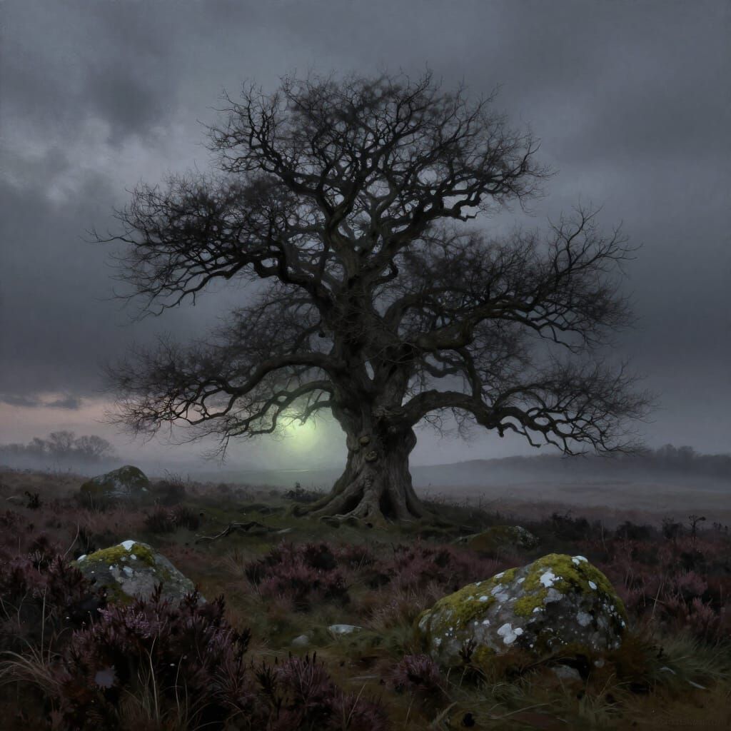 Ancient Tree on Misty Moor Under Twilight Sky