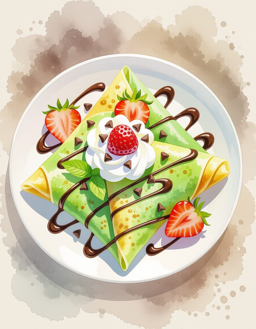 Mint Chocolate Crepes in Watercolor Style