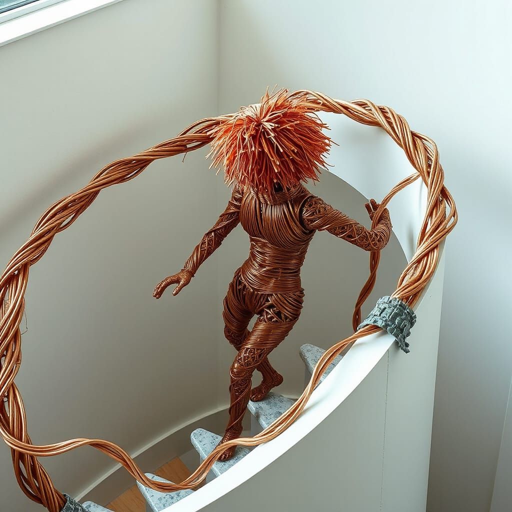 a bunch of twisted copper wires twisted into a person with a pom pom hair sculpture on a staircase