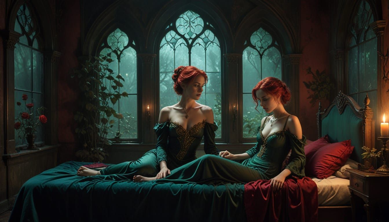 Gothic Retro Horror Scene with Women on Velvet Bed