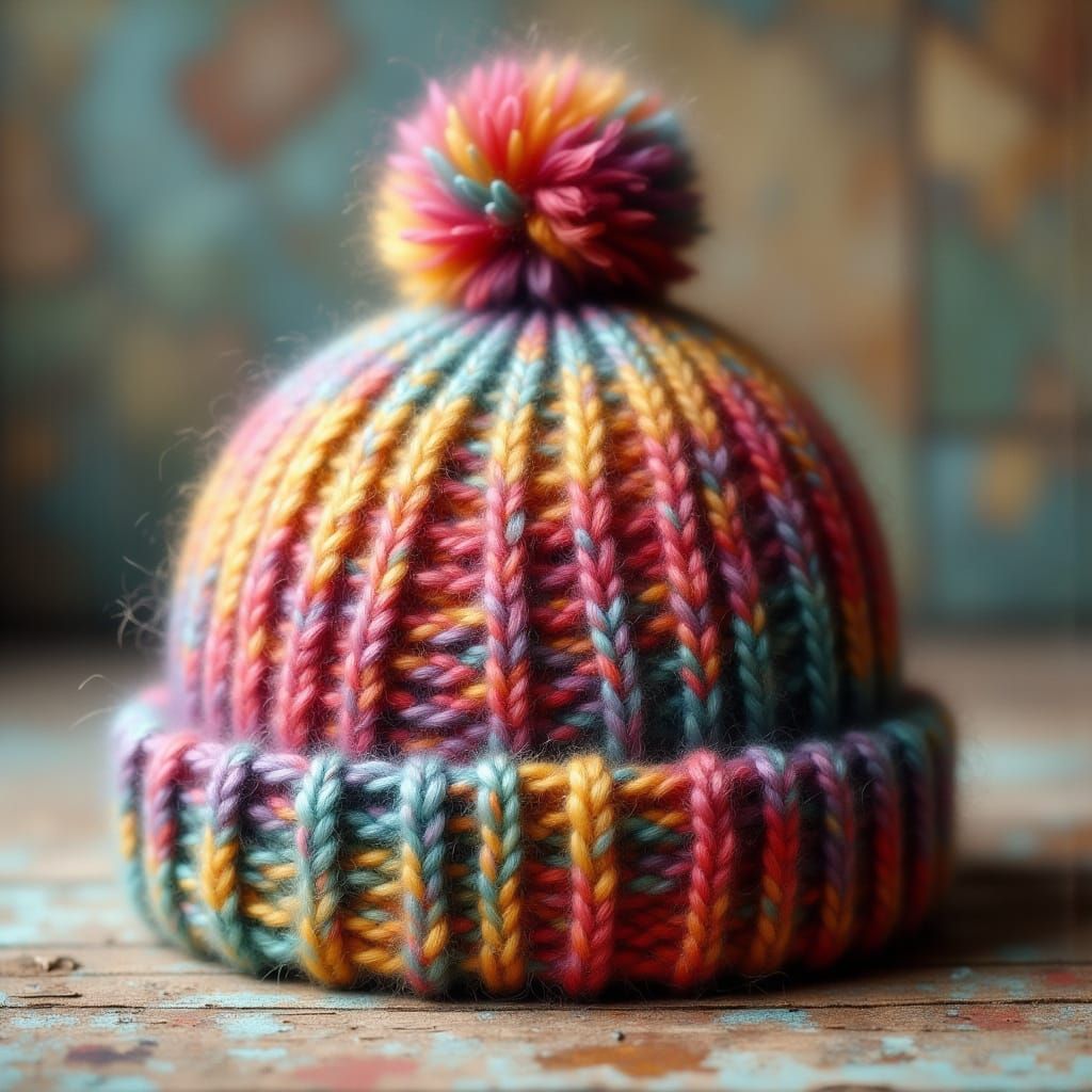 Cozy Hand-Knitted Hat in Vibrant Folk Art Style
