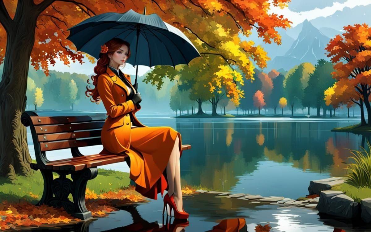 Rainy Day by the Lake in Art Nouveau Style