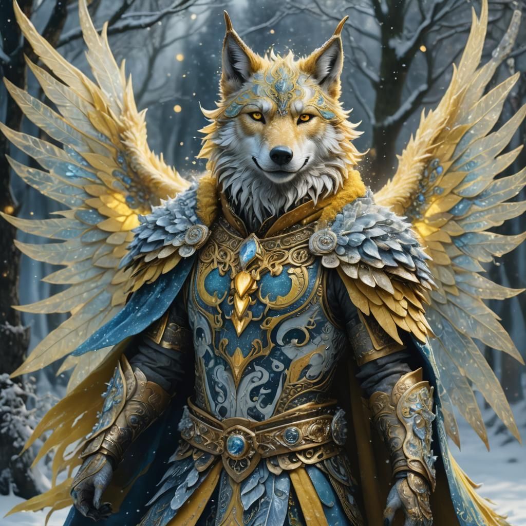 all vibrant squiggly wintery yellow sparkle wings on an anthropomorphic wintery yellow male fairy-Wolf God in a loin Kil...
