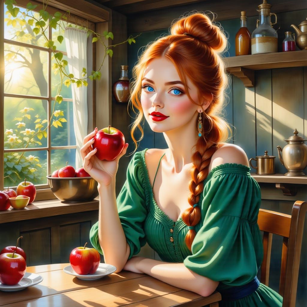 Woman Enjoying Apple in Sunlit Kitchen, Illustrative Style