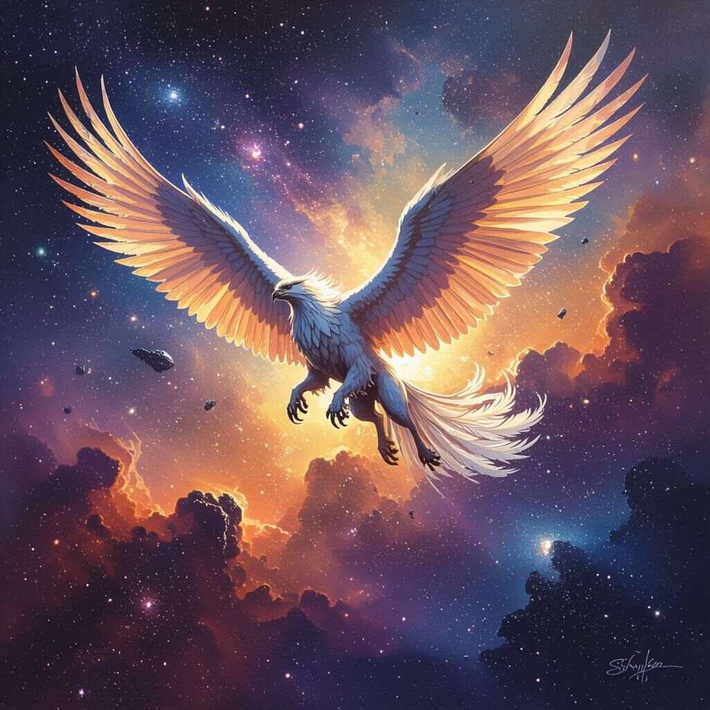 Griffin Soaring Through a Cosmic Nebula