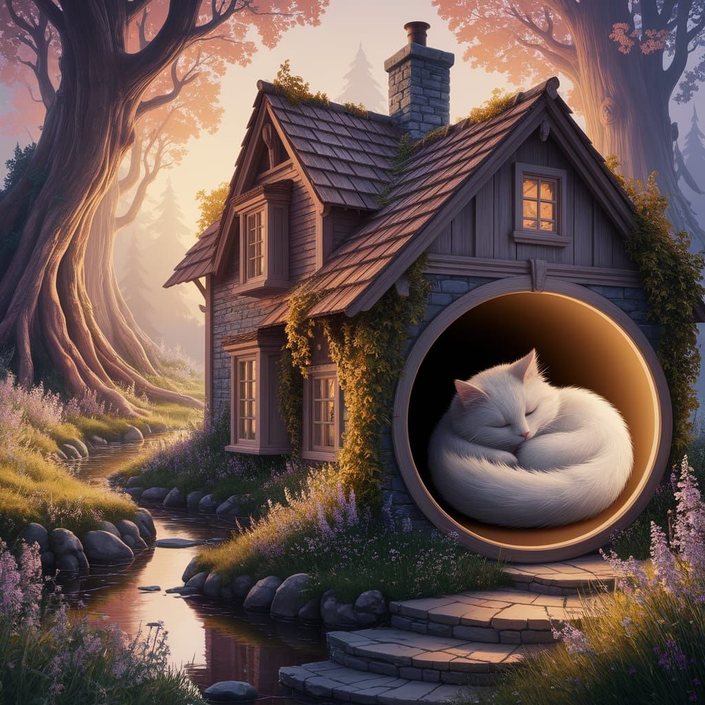 Charming Cottage with Sleeping Cat in Anime Style